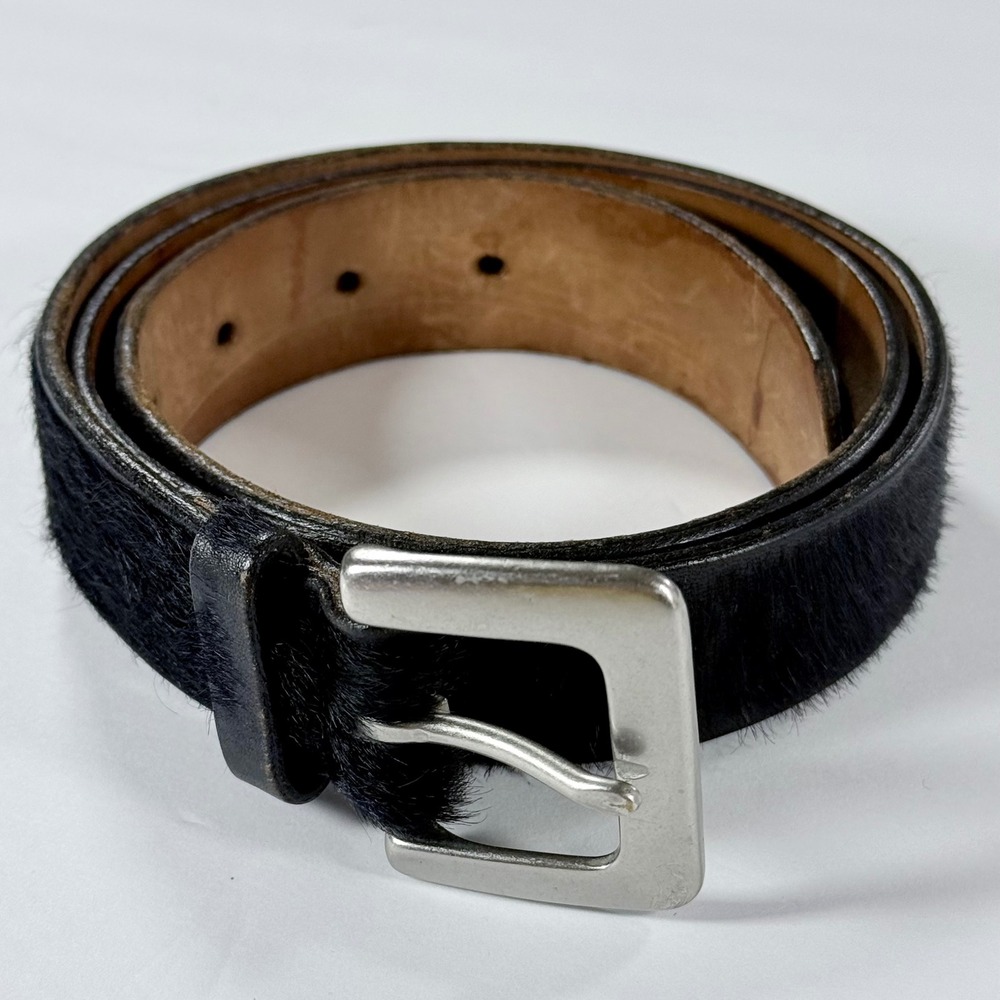 Vintage GAP Black Calf Hair Leather Belt Solid Brass Buckle USA Made Womens L